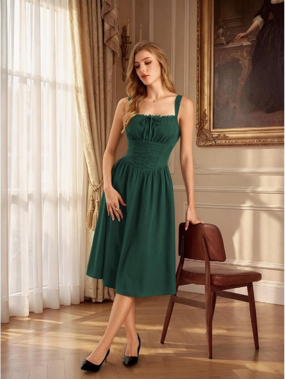 〽️Women Emerald Green Neckline Cold Shoulder Sleeve Corset Midi Party Dress - Picture 2 of 7